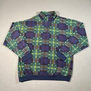 Robert Stock Tartan Plaid Fleece Sweater 1/4 Zip Pullover Green Blue Medium Golf